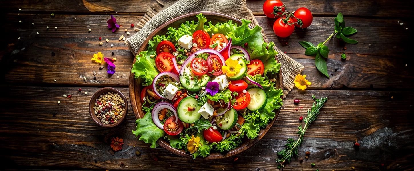 Dornhof frischer Sommer Salat mit Tomaten, Gurken, roten Zwiebeln, frischem grünen Salat, Basilikum und einer Prise Dornhof Kräuter