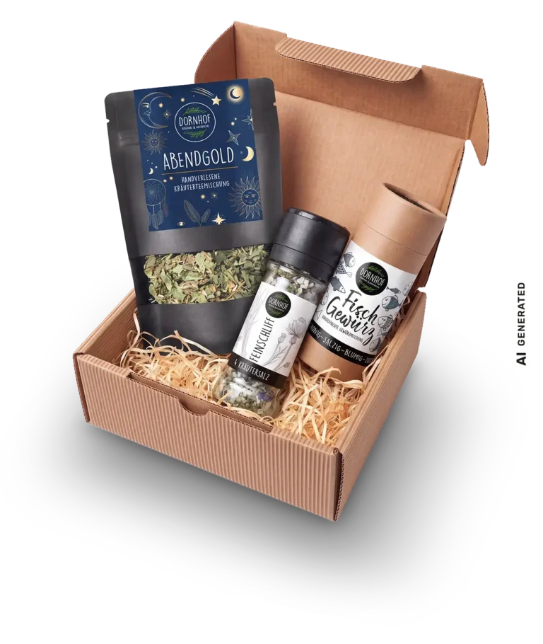 Dornhof Geschenkebox Muster mit 3 Produkten Tee, Gewürzsalz, Fischgewürz