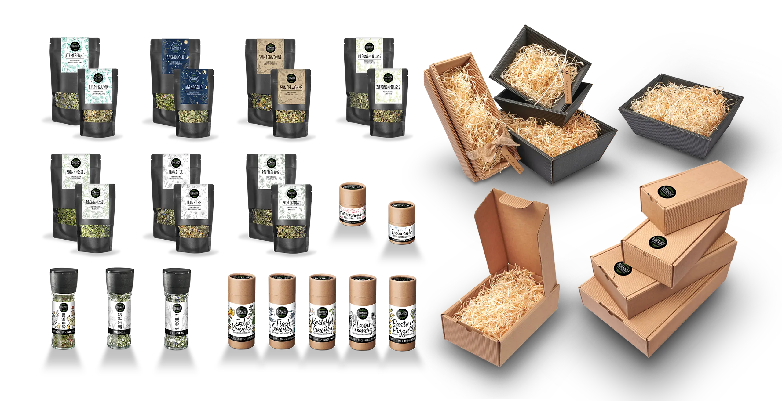 Dornhofprodukte in einer gesamten Übersicht und alle Geschnkverpakungen