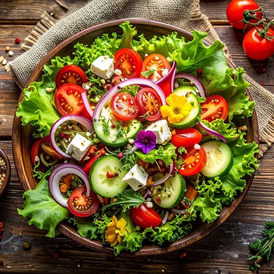 Dornhof frischer Sommer Salat mit Tomaten, Gurken, roten Zwiebeln, frischem grünen Salat, Basilikum und einer Prise Dornhof Kräuter